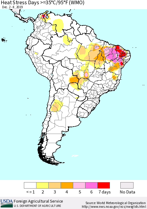 South America Heat Stress Days >=35°C/95°F (WMO) Thematic Map For 12/2/2019 - 12/8/2019