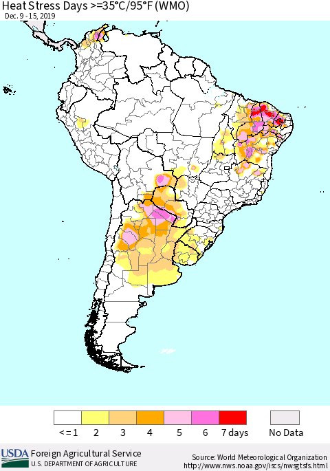 South America Heat Stress Days >=35°C/95°F (WMO) Thematic Map For 12/9/2019 - 12/15/2019
