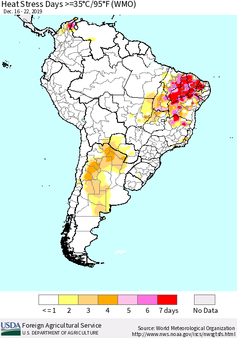 South America Heat Stress Days >=35°C/95°F (WMO) Thematic Map For 12/16/2019 - 12/22/2019