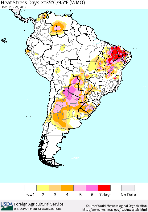 South America Heat Stress Days >=35°C/95°F (WMO) Thematic Map For 12/23/2019 - 12/29/2019