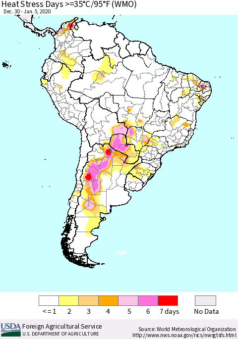 South America Heat Stress Days >=35°C/95°F (WMO) Thematic Map For 12/30/2019 - 1/5/2020