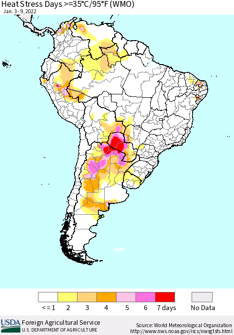 South America Heat Stress Days >=35°C/95°F (WMO) Thematic Map For 1/3/2022 - 1/9/2022