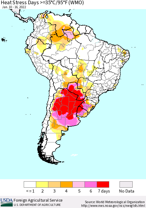 South America Heat Stress Days >=35°C/95°F (WMO) Thematic Map For 1/10/2022 - 1/16/2022