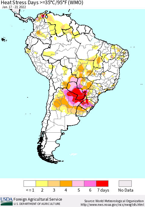 South America Heat Stress Days >=35°C/95°F (WMO) Thematic Map For 1/17/2022 - 1/23/2022
