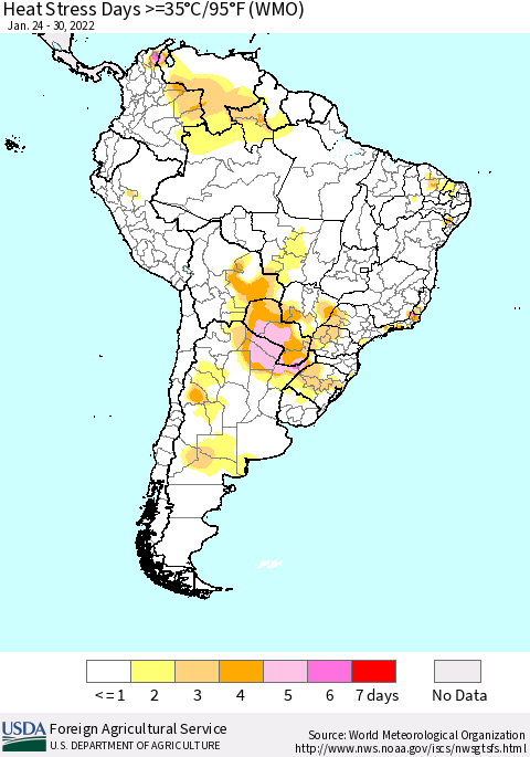 South America Heat Stress Days >=35°C/95°F (WMO) Thematic Map For 1/24/2022 - 1/30/2022
