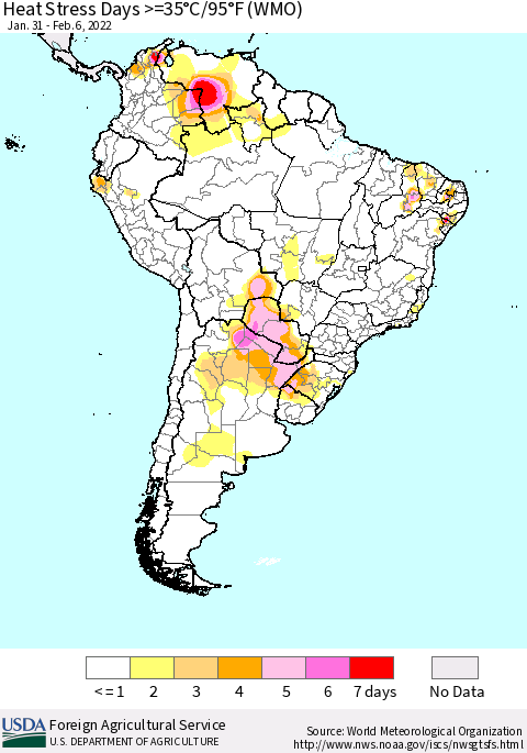 South America Heat Stress Days >=35°C/95°F (WMO) Thematic Map For 1/31/2022 - 2/6/2022