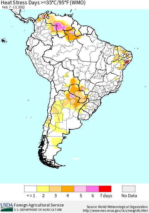 South America Heat Stress Days >=35°C/95°F (WMO) Thematic Map For 2/7/2022 - 2/13/2022