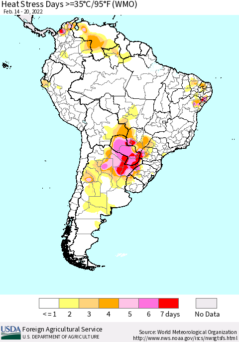 South America Heat Stress Days >=35°C/95°F (WMO) Thematic Map For 2/14/2022 - 2/20/2022