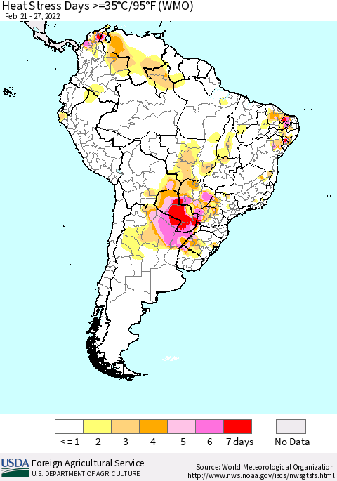 South America Heat Stress Days >=35°C/95°F (WMO) Thematic Map For 2/21/2022 - 2/27/2022