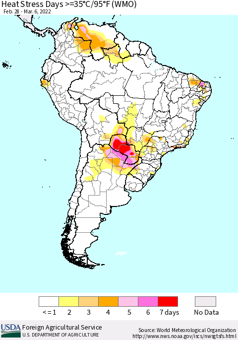 South America Heat Stress Days >=35°C/95°F (WMO) Thematic Map For 2/28/2022 - 3/6/2022