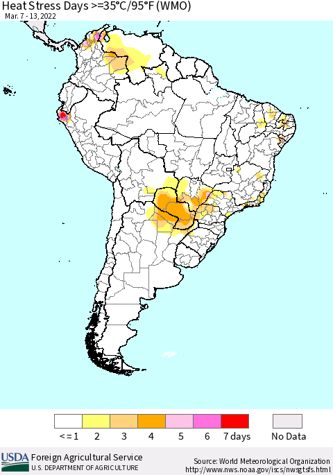 South America Heat Stress Days >=35°C/95°F (WMO) Thematic Map For 3/7/2022 - 3/13/2022