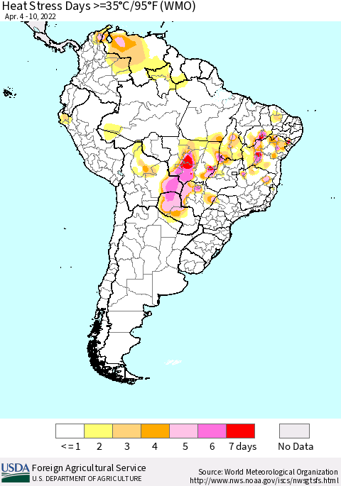 South America Heat Stress Days >=35°C/95°F (WMO) Thematic Map For 4/4/2022 - 4/10/2022