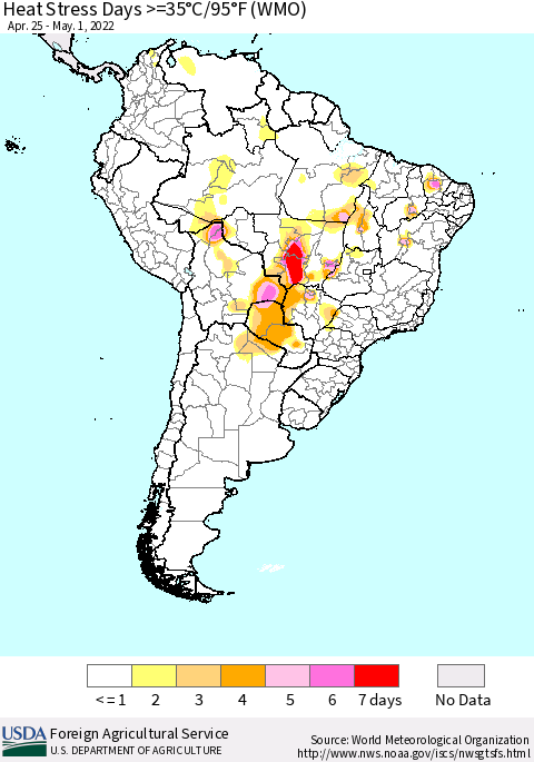 South America Heat Stress Days >=35°C/95°F (WMO) Thematic Map For 4/25/2022 - 5/1/2022