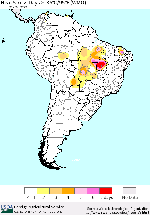 South America Heat Stress Days >=35°C/95°F (WMO) Thematic Map For 6/20/2022 - 6/26/2022