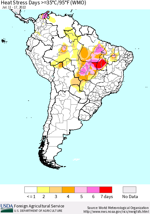 South America Heat Stress Days >=35°C/95°F (WMO) Thematic Map For 7/11/2022 - 7/17/2022
