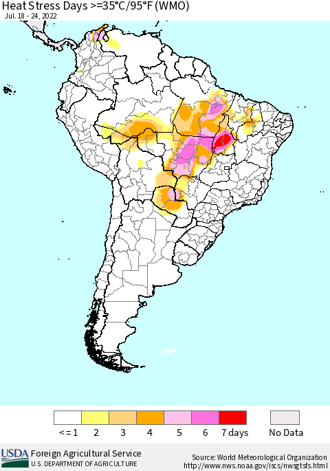 South America Heat Stress Days >=35°C/95°F (WMO) Thematic Map For 7/18/2022 - 7/24/2022