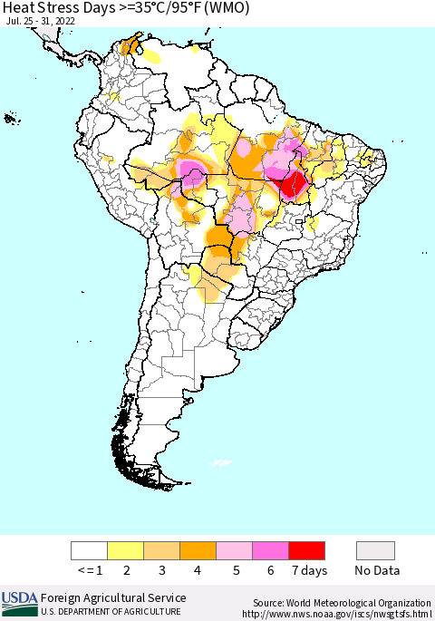 South America Heat Stress Days >=35°C/95°F (WMO) Thematic Map For 7/25/2022 - 7/31/2022