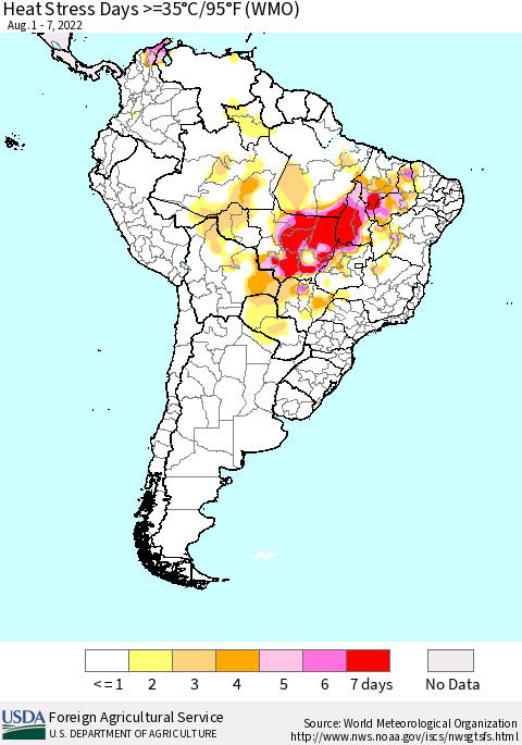 South America Heat Stress Days >=35°C/95°F (WMO) Thematic Map For 8/1/2022 - 8/7/2022