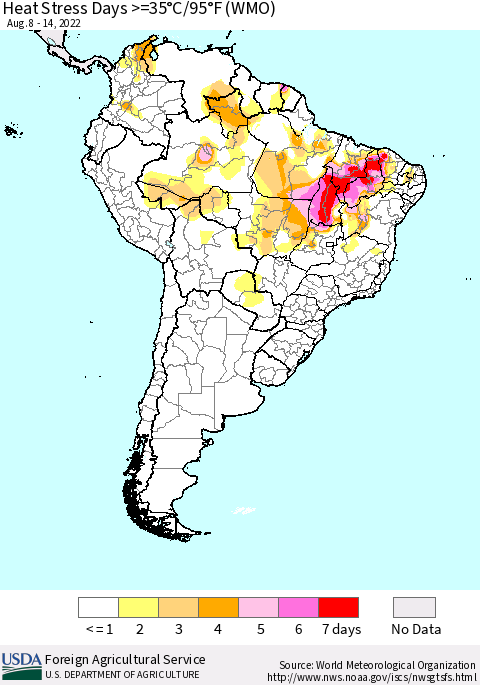 South America Heat Stress Days >=35°C/95°F (WMO) Thematic Map For 8/8/2022 - 8/14/2022