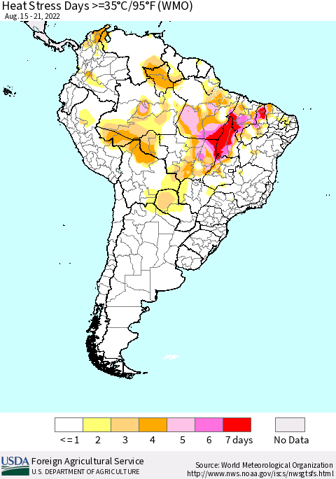 South America Heat Stress Days >=35°C/95°F (WMO) Thematic Map For 8/15/2022 - 8/21/2022