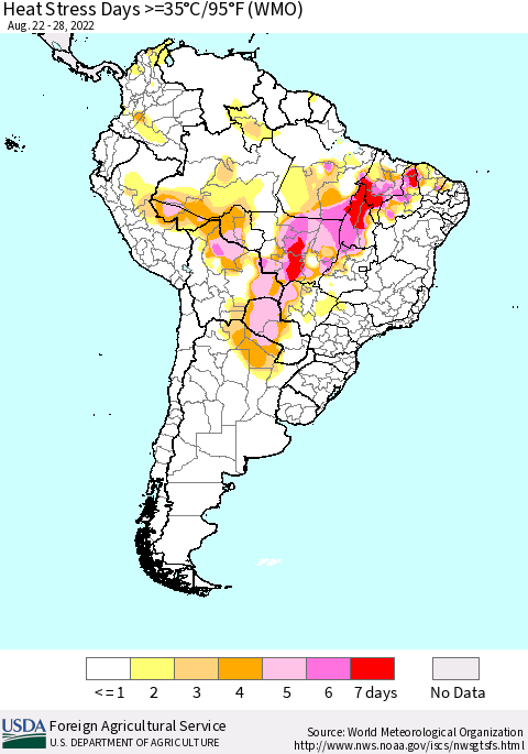 South America Heat Stress Days >=35°C/95°F (WMO) Thematic Map For 8/22/2022 - 8/28/2022