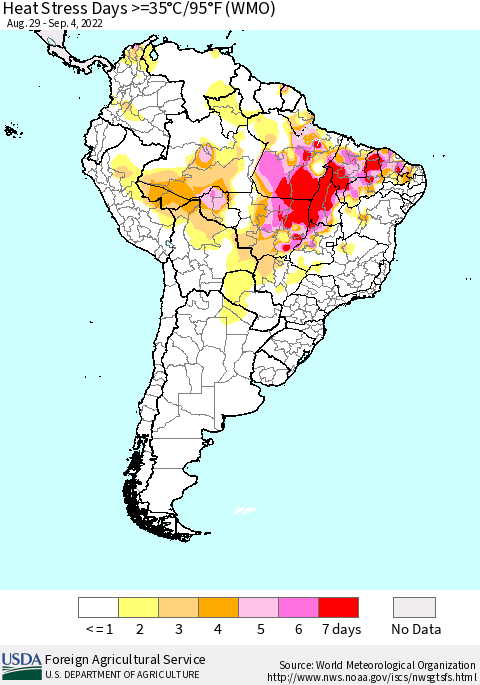 South America Heat Stress Days >=35°C/95°F (WMO) Thematic Map For 8/29/2022 - 9/4/2022