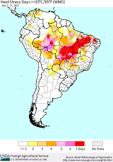 South America Heat Stress Days >=35°C/95°F (WMO) Thematic Map For 9/5/2022 - 9/11/2022