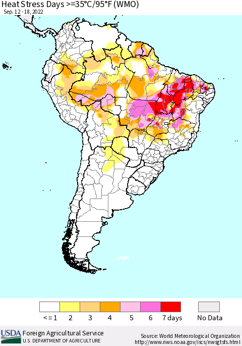 South America Heat Stress Days >=35°C/95°F (WMO) Thematic Map For 9/12/2022 - 9/18/2022