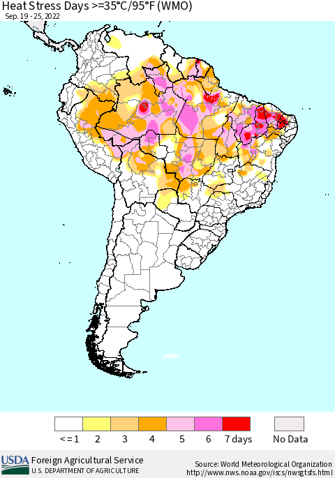 South America Heat Stress Days >=35°C/95°F (WMO) Thematic Map For 9/19/2022 - 9/25/2022