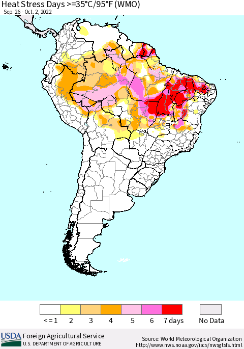 South America Heat Stress Days >=35°C/95°F (WMO) Thematic Map For 9/26/2022 - 10/2/2022