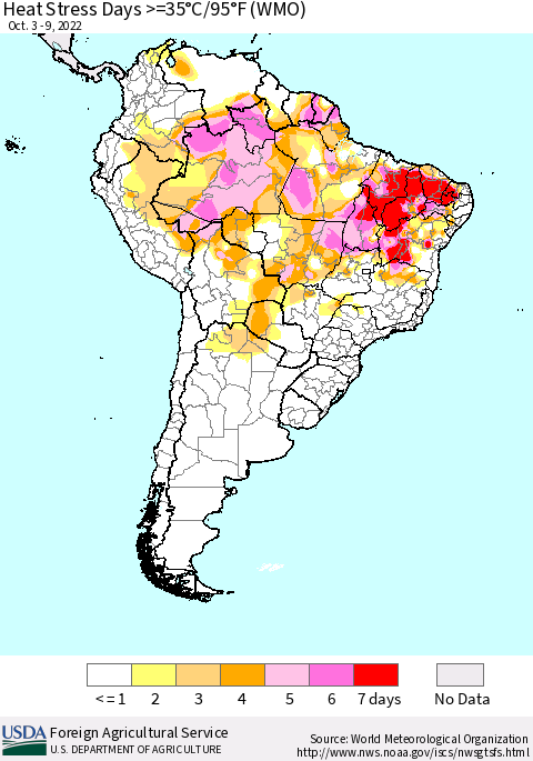 South America Heat Stress Days >=35°C/95°F (WMO) Thematic Map For 10/3/2022 - 10/9/2022