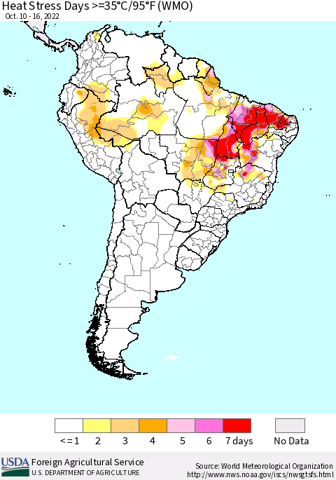 South America Heat Stress Days >=35°C/95°F (WMO) Thematic Map For 10/10/2022 - 10/16/2022