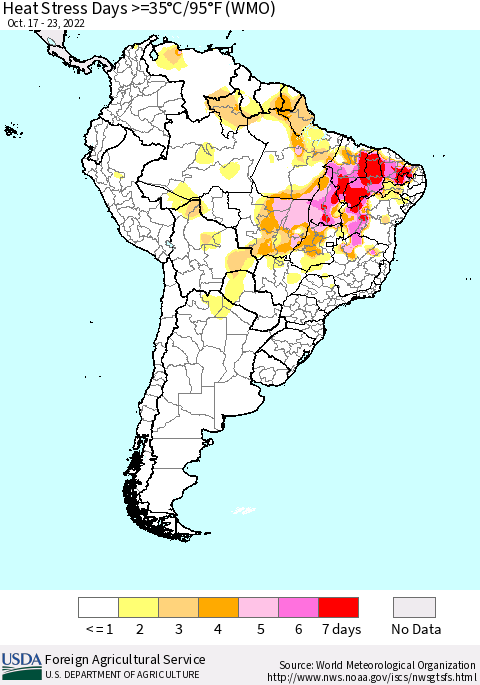 South America Heat Stress Days >=35°C/95°F (WMO) Thematic Map For 10/17/2022 - 10/23/2022