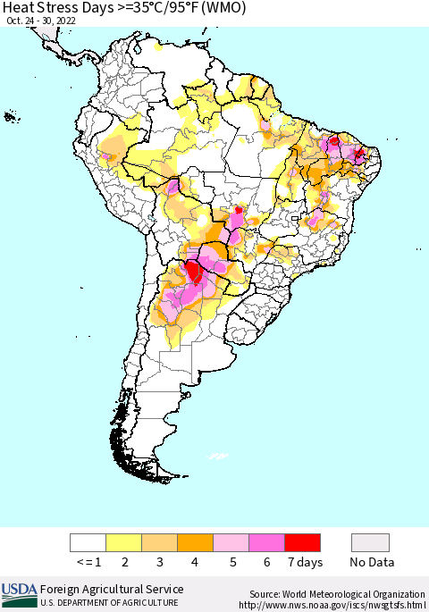 South America Heat Stress Days >=35°C/95°F (WMO) Thematic Map For 10/24/2022 - 10/30/2022