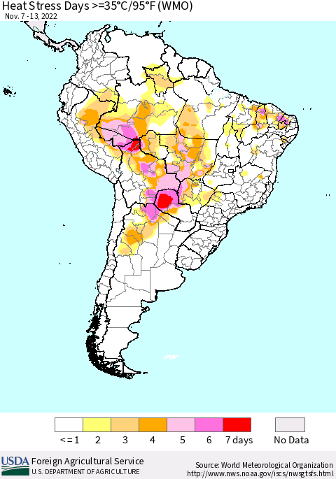 South America Heat Stress Days >=35°C/95°F (WMO) Thematic Map For 11/7/2022 - 11/13/2022
