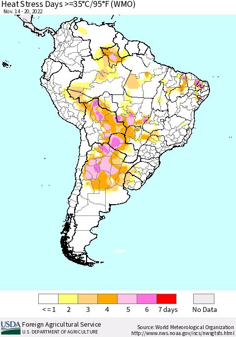South America Heat Stress Days >=35°C/95°F (WMO) Thematic Map For 11/14/2022 - 11/20/2022