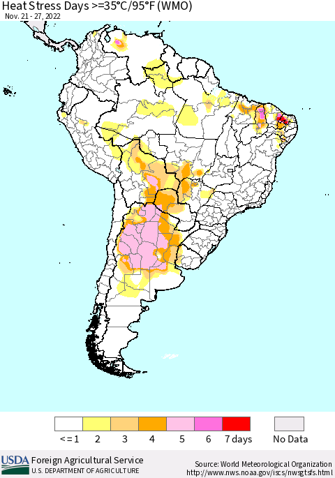 South America Heat Stress Days >=35°C/95°F (WMO) Thematic Map For 11/21/2022 - 11/27/2022