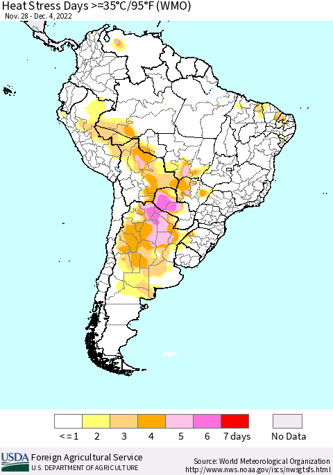 South America Heat Stress Days >=35°C/95°F (WMO) Thematic Map For 11/28/2022 - 12/4/2022