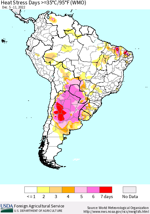 South America Heat Stress Days >=35°C/95°F (WMO) Thematic Map For 12/5/2022 - 12/11/2022