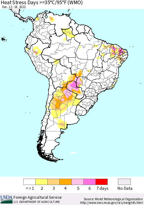 South America Heat Stress Days >=35°C/95°F (WMO) Thematic Map For 12/12/2022 - 12/18/2022