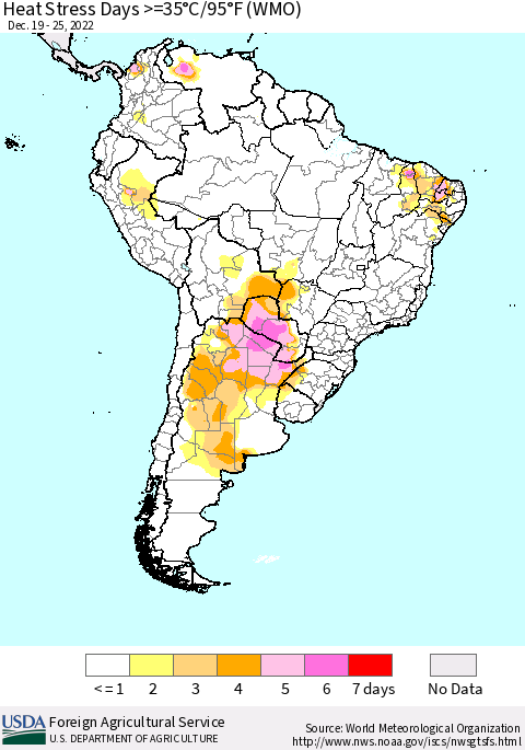 South America Heat Stress Days >=35°C/95°F (WMO) Thematic Map For 12/19/2022 - 12/25/2022
