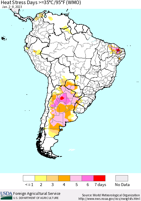 South America Heat Stress Days >=35°C/95°F (WMO) Thematic Map For 1/2/2023 - 1/8/2023