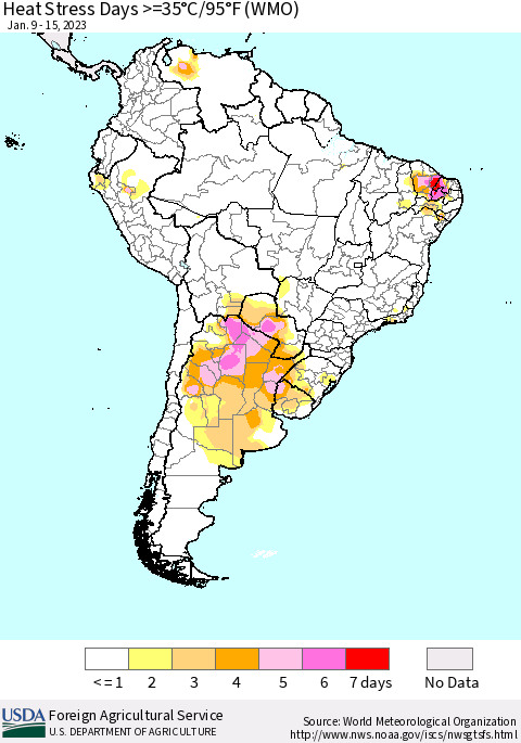 South America Heat Stress Days >=35°C/95°F (WMO) Thematic Map For 1/9/2023 - 1/15/2023
