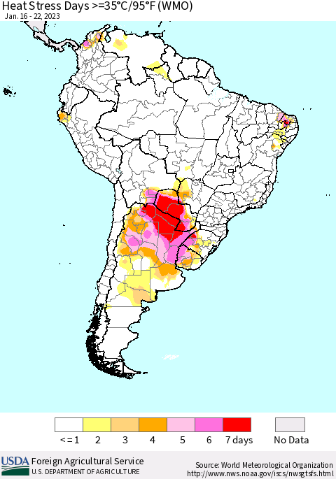 South America Heat Stress Days >=35°C/95°F (WMO) Thematic Map For 1/16/2023 - 1/22/2023