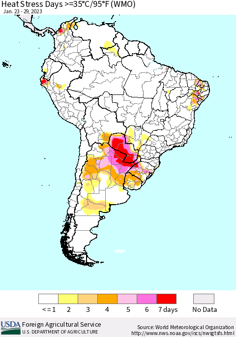 South America Heat Stress Days >=35°C/95°F (WMO) Thematic Map For 1/23/2023 - 1/29/2023