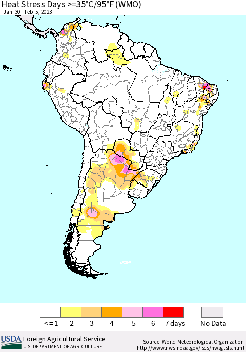 South America Heat Stress Days >=35°C/95°F (WMO) Thematic Map For 1/30/2023 - 2/5/2023