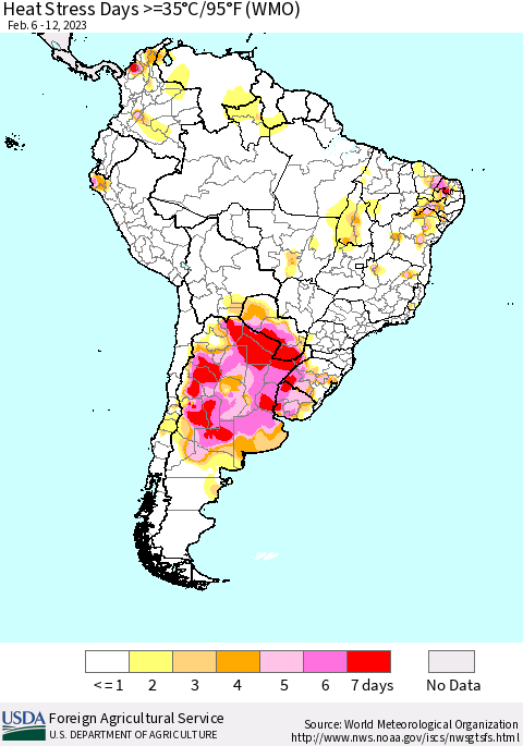South America Heat Stress Days >=35°C/95°F (WMO) Thematic Map For 2/6/2023 - 2/12/2023