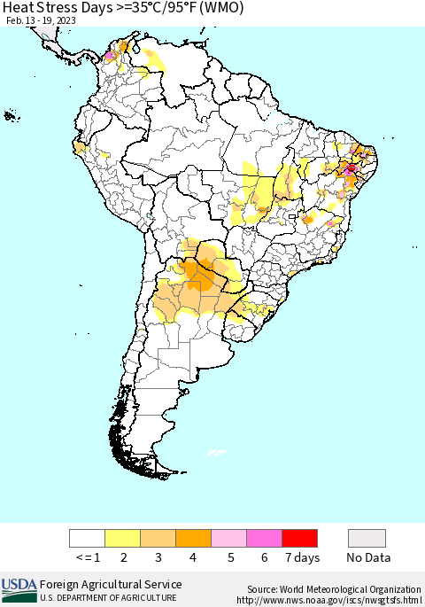 South America Heat Stress Days >=35°C/95°F (WMO) Thematic Map For 2/13/2023 - 2/19/2023