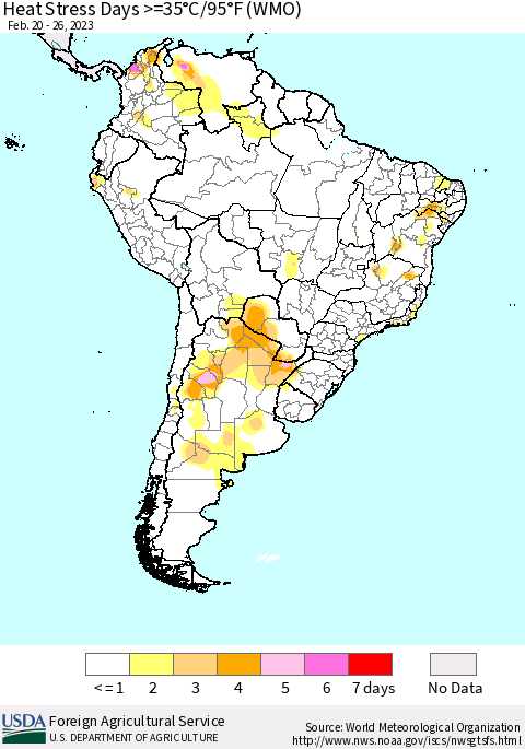 South America Heat Stress Days >=35°C/95°F (WMO) Thematic Map For 2/20/2023 - 2/26/2023