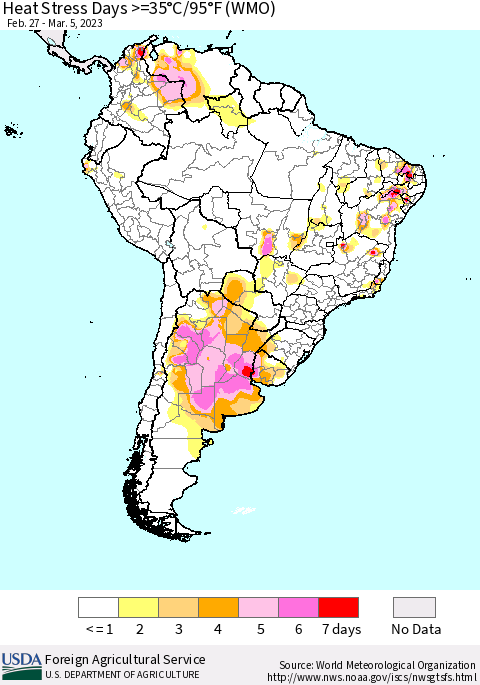 South America Heat Stress Days >=35°C/95°F (WMO) Thematic Map For 2/27/2023 - 3/5/2023